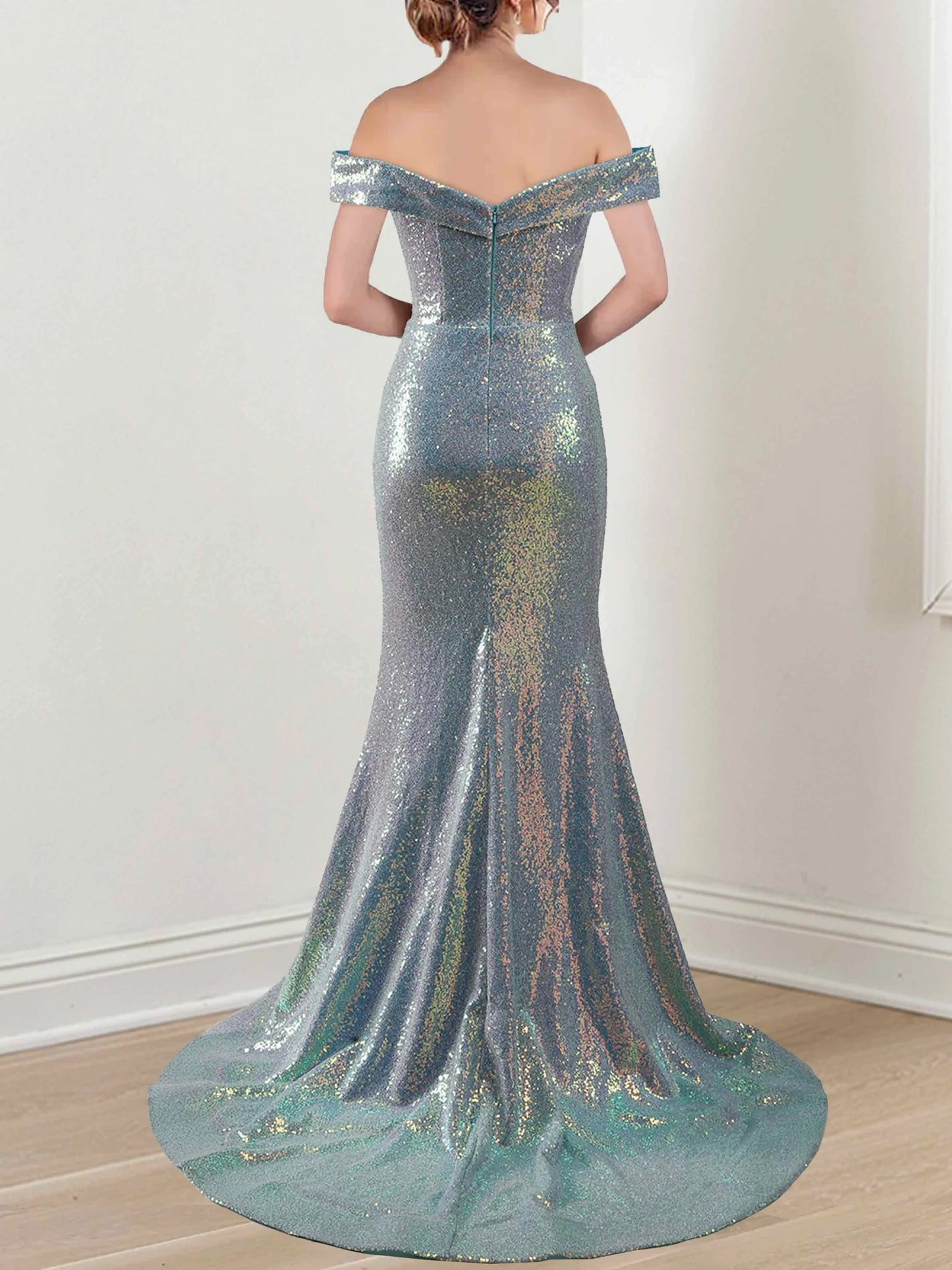 MermaidTrumpet Off-the-Shoulder Sleeveless Floor-Length Long Mother of the Bride Dresses with Split Side,Sequins & Ruffles