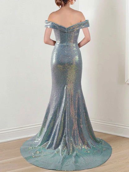 MermaidTrumpet Off-the-Shoulder Sleeveless Floor-Length Long Mother of the Bride Dresses with Split Side,Sequins & Ruffles