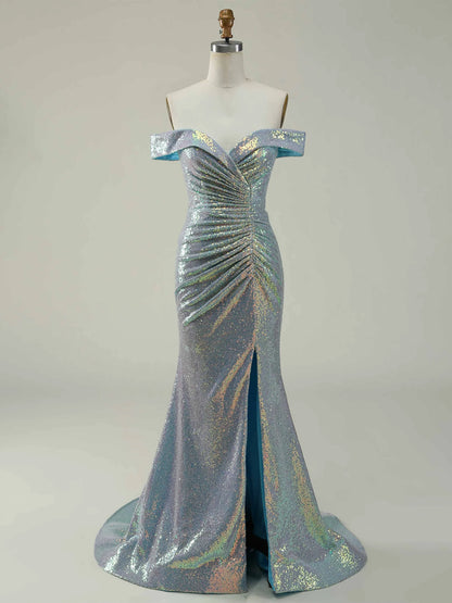MermaidTrumpet Off-the-Shoulder Sleeveless Floor-Length Long Mother of the Bride Dresses with Split Side,Sequins & Ruffles