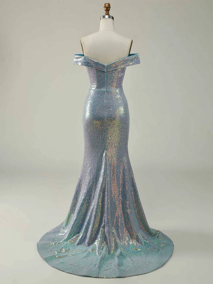 MermaidTrumpet Off-the-Shoulder Sleeveless Floor-Length Long Mother of the Bride Dresses with Split Side,Sequins & Ruffles