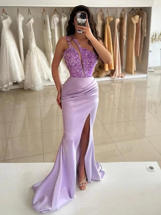 Mermaid Trumpet One-Shoulder Sleeveless Floor-Length Long Evening Dresses with Sequins