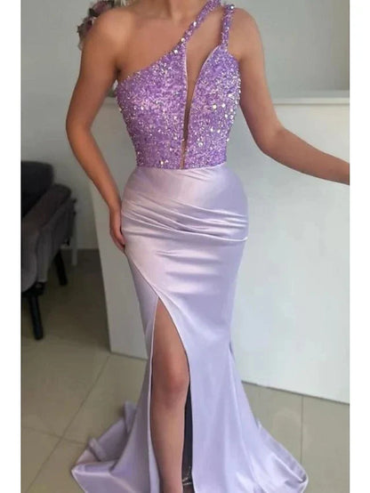 Mermaid Trumpet One-Shoulder Sleeveless Floor-Length Long Evening Dresses with Sequins