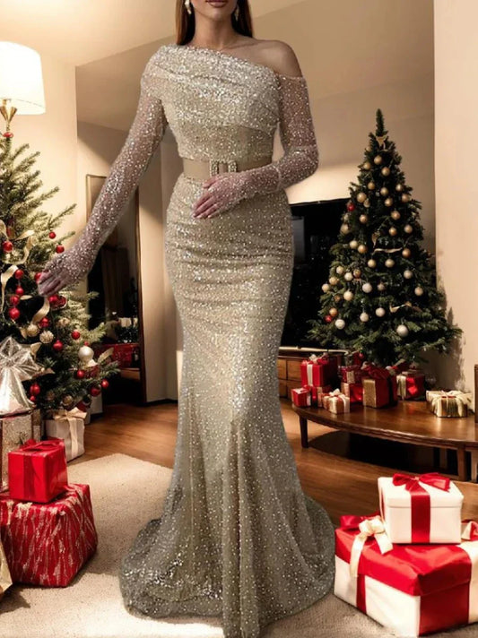 Mermaid Trumpet One-shoulder Long Sleeves Floor-Length Sequined Evening Dresses