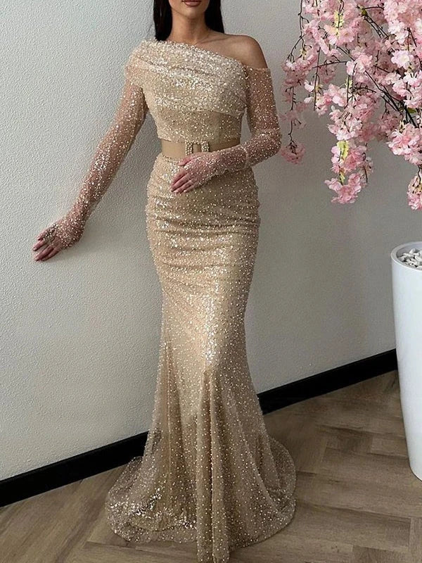 Mermaid Trumpet One-shoulder Long Sleeves Floor-Length Sequined Evening Dresses
