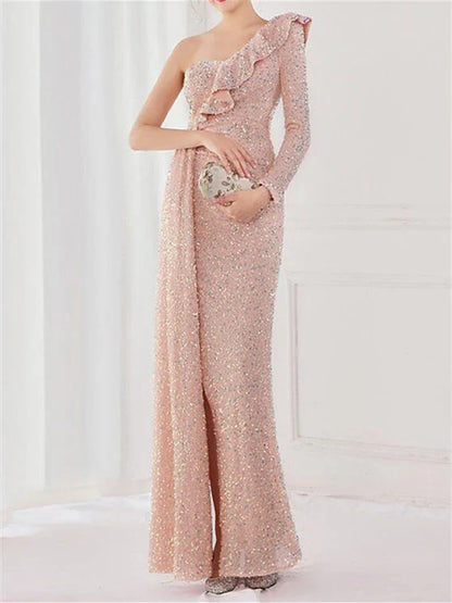 Mermaid Trumpet One Shoulder Floor-Length Evening Dresses with Sequin Slit