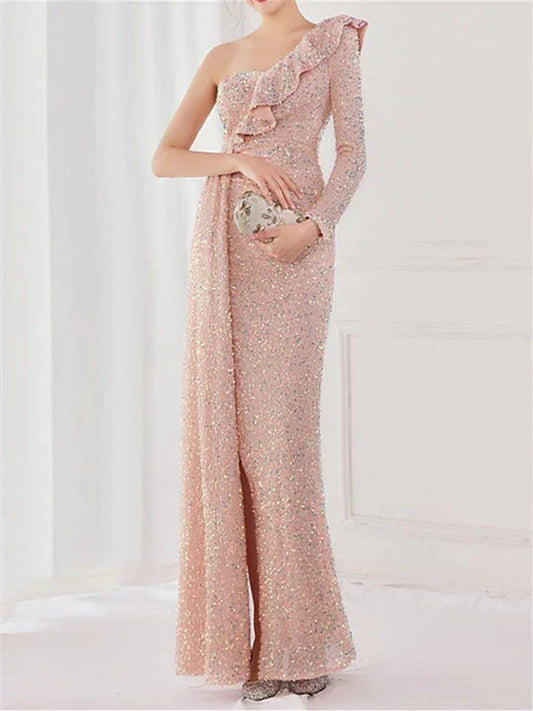 Mermaid Trumpet One Shoulder Floor-Length Evening Dresses with Sequin Slit