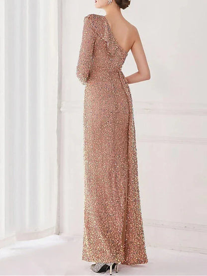 Mermaid Trumpet One Shoulder Floor-Length Evening Dresses with Sequin Slit