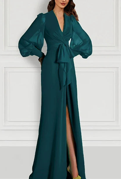 Mermaid Trumpet Sweep Brush Train Long Sleeve V Neck Mother of the Bride Dress Chiffon with Slit Strappy