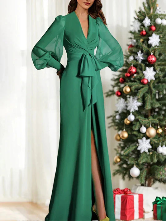 Mermaid Trumpet Sweep Brush Train Long Sleeve V Neck Mother of the Bride Dress Chiffon with Slit Strappy