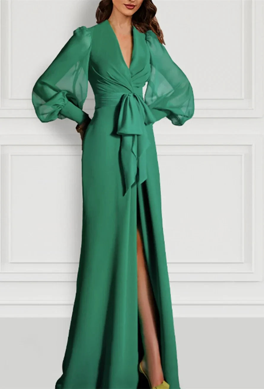 Mermaid Trumpet Sweep Brush Train Long Sleeve V Neck Mother of the Bride Dress Chiffon with Slit Strappy