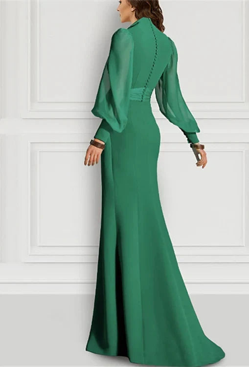 Mermaid Trumpet Sweep Brush Train Long Sleeve V Neck Mother of the Bride Dress Chiffon with Slit Strappy