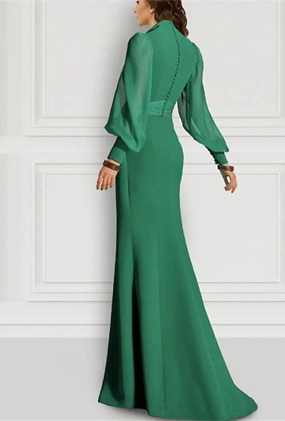 Mermaid Trumpet Sweep Brush Train Long Sleeve V Neck Mother of the Bride Dress Chiffon with Slit Strappy