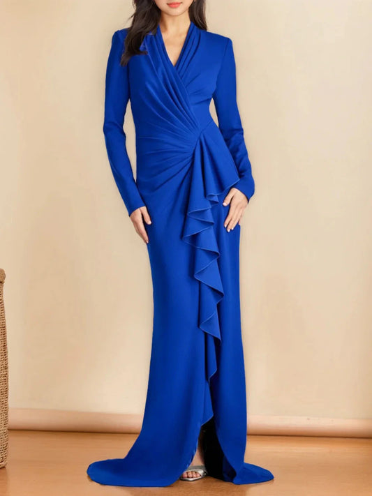 Mermaid Trumpet V-Neck Long Sleeves Floor-Length Mother of the Bride Dresses with Split Side