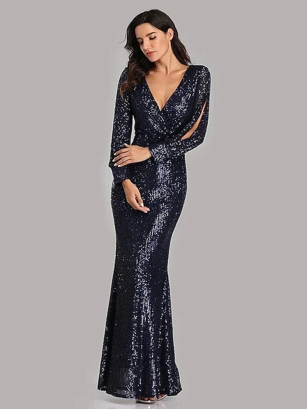Mermaid Trumpet V-Neck Long Sleeves Floor-Length Party Cocktail Dress with Sequins