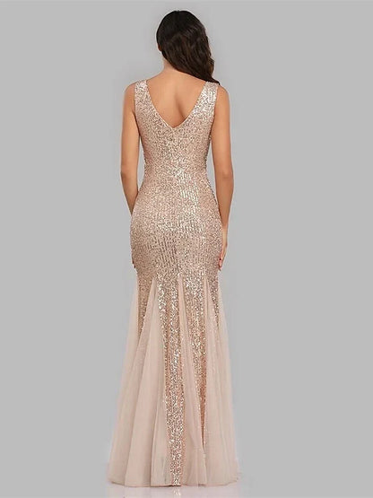Mermaid Trumpet V-Neck Sleeveless Floor-Length Party Cocktail Dress with Sequins