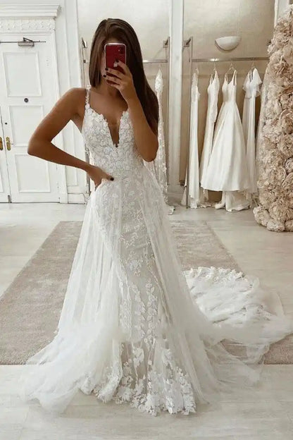 Mermaid V-neck Straps Lace Appliques Wedding Dress