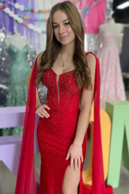 Mermaid V Neck Red Prom Dresses Satin Beading Evening Dress with Cape
