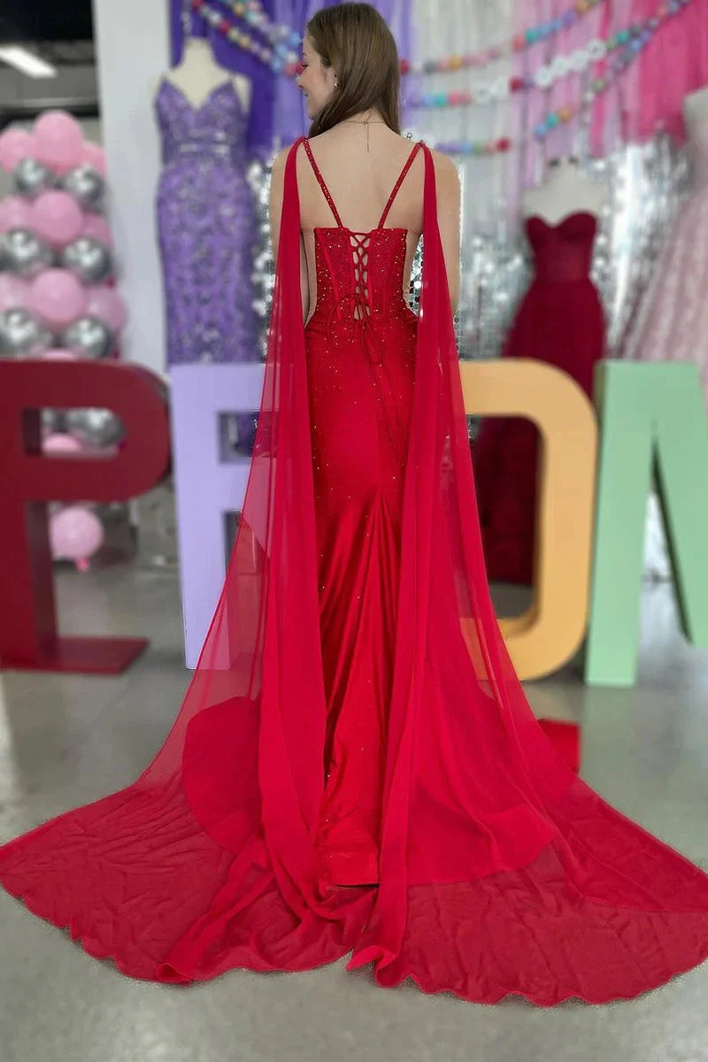 Mermaid V Neck Red Prom Dresses Satin Beading Evening Dress with Cape