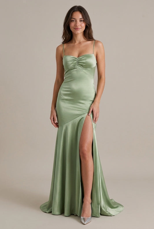 Mermaid Spaghetti Straps Ruched High-Slit Satin Sage Green Floor-Length Prom Dress