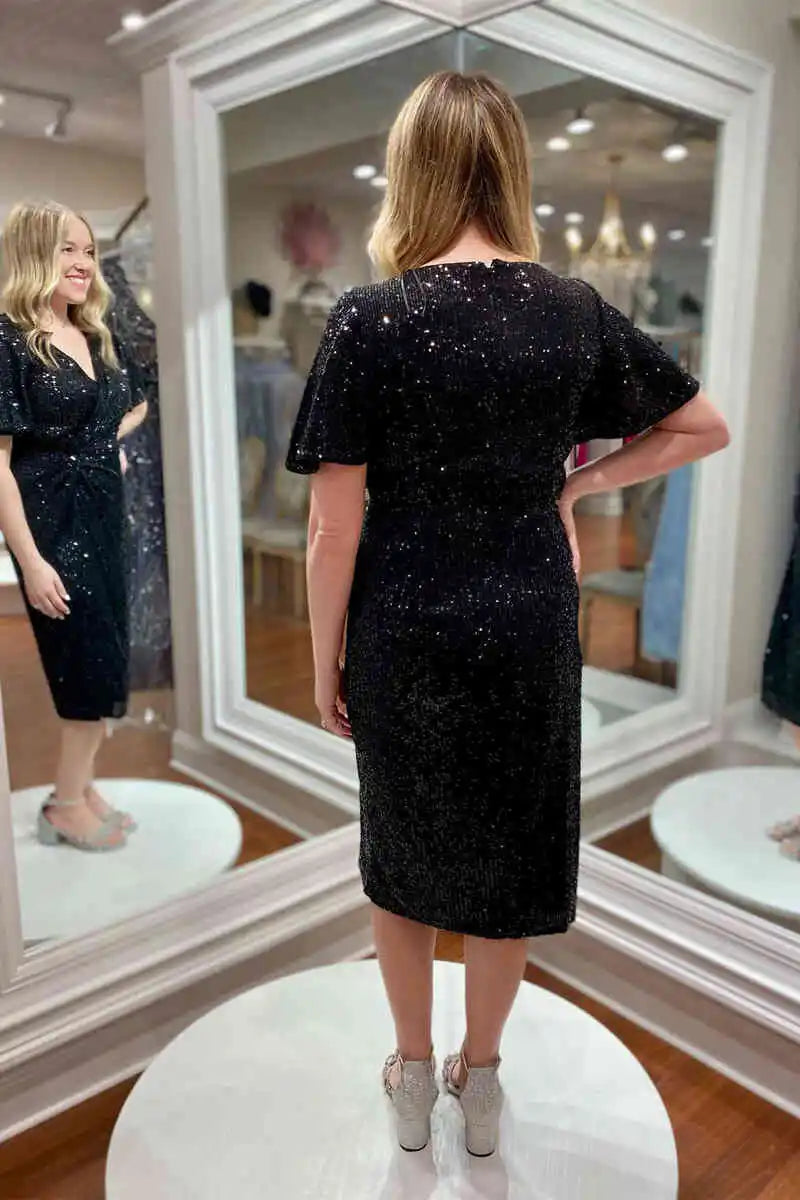 Mid Length Black Sequined Mother of Bride Dress Ruched Party Dress