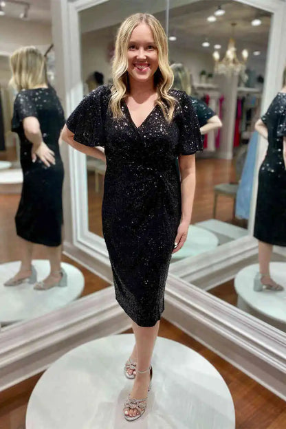 Mid Length Black Sequined Mother of Bride Dress Ruched Party Dress