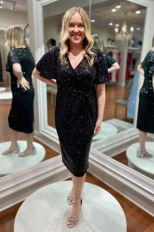 Mid Length Black Sequined Mother of Bride Dress Ruched Party Dress