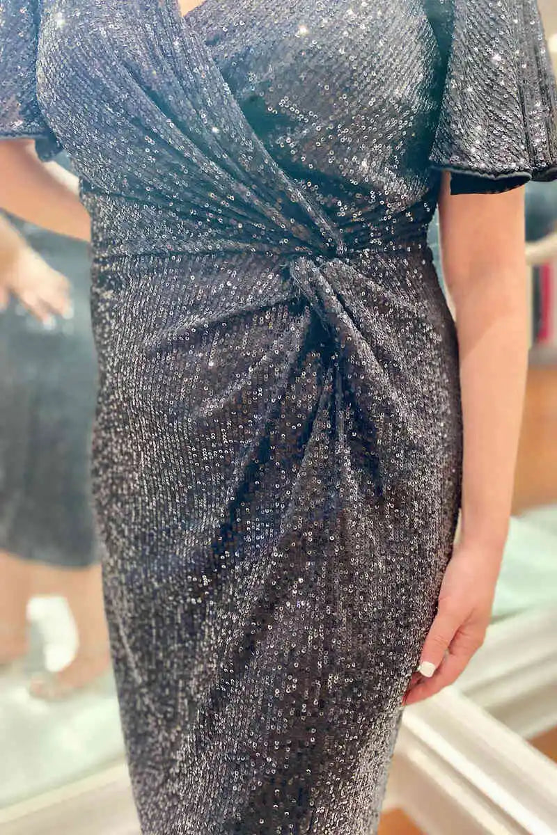 Mid Length Black Sequined Mother of Bride Dress Ruched Party Dress