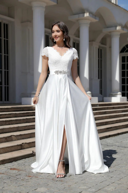 Minimalist Satin A Line Short Sleeve Wedding Dress with Belt