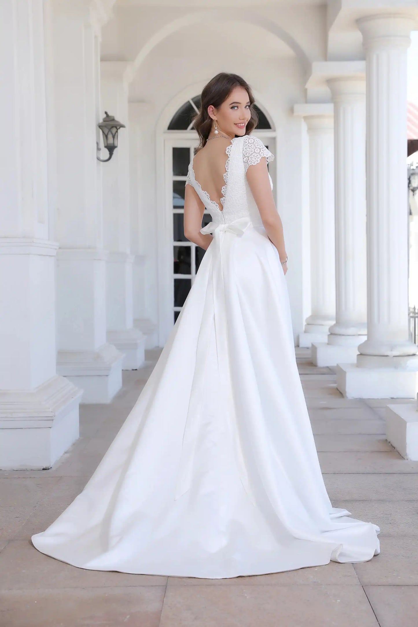 Minimalist Satin A Line Short Sleeve Wedding Dress with Belt
