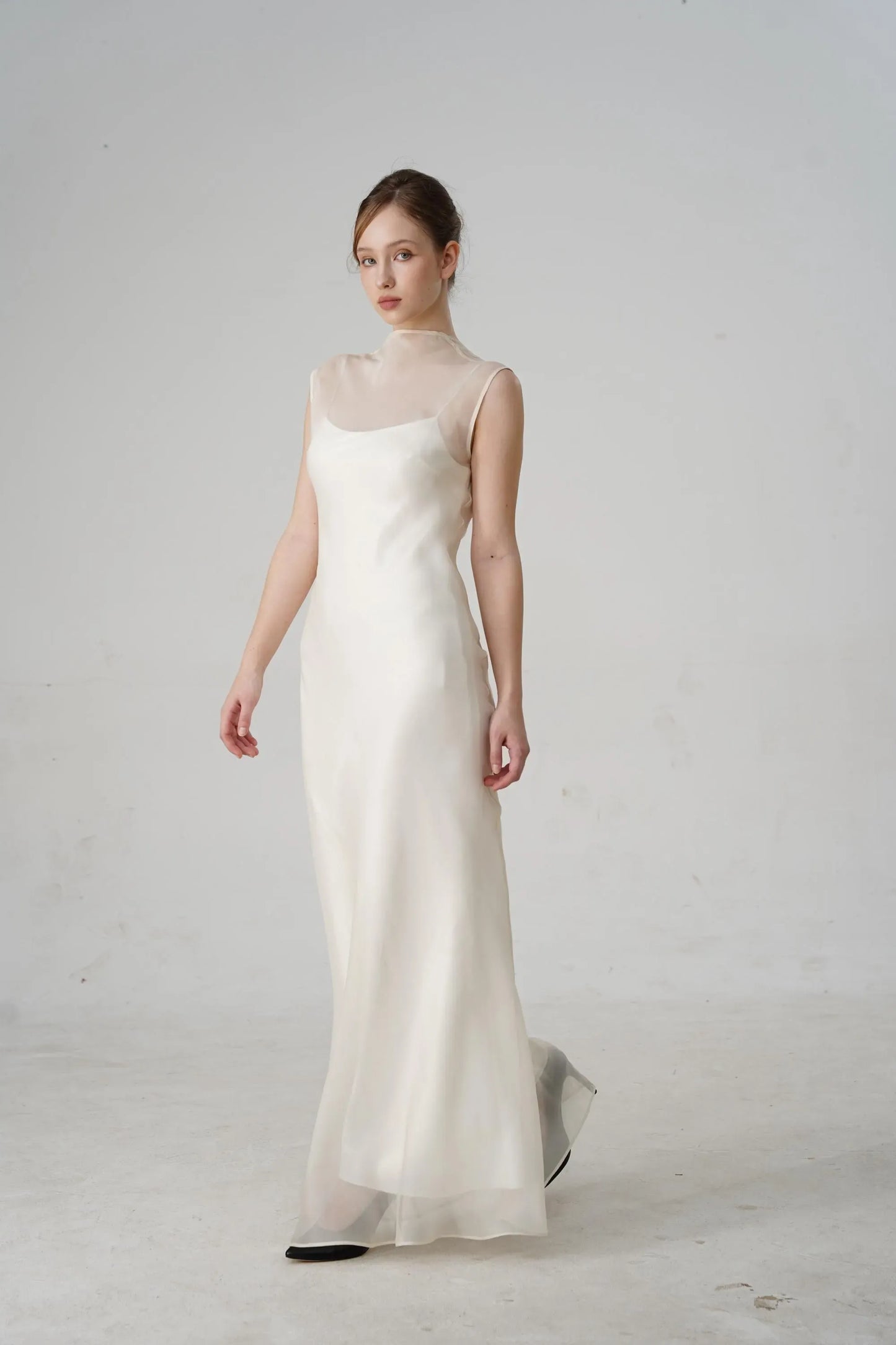 Minimalist Slip Mock Neck Sheer-Overlay Open-Back Ivory Floor-Length Prom Dress