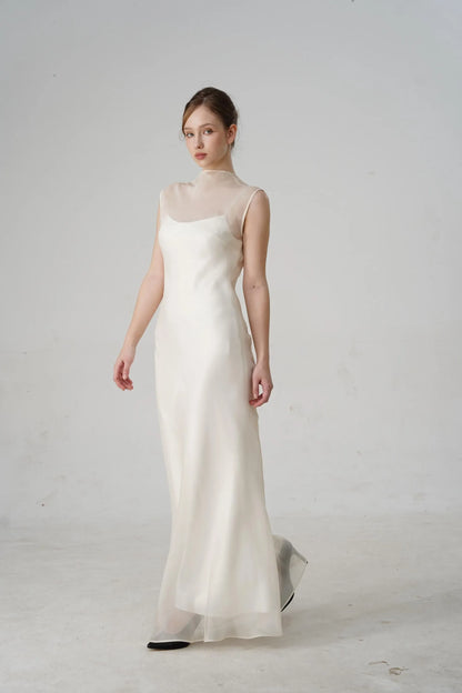 Minimalist Slip Mock Neck Sheer-Overlay Open-Back Ivory Floor-Length Prom Dress