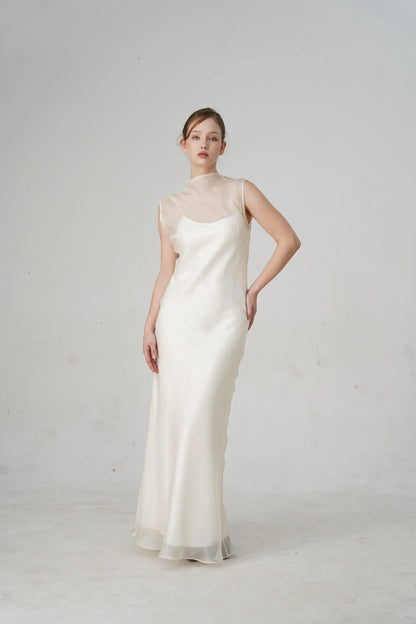 Minimalist Slip Mock Neck Sheer-Overlay Open-Back Ivory Floor-Length Prom Dress