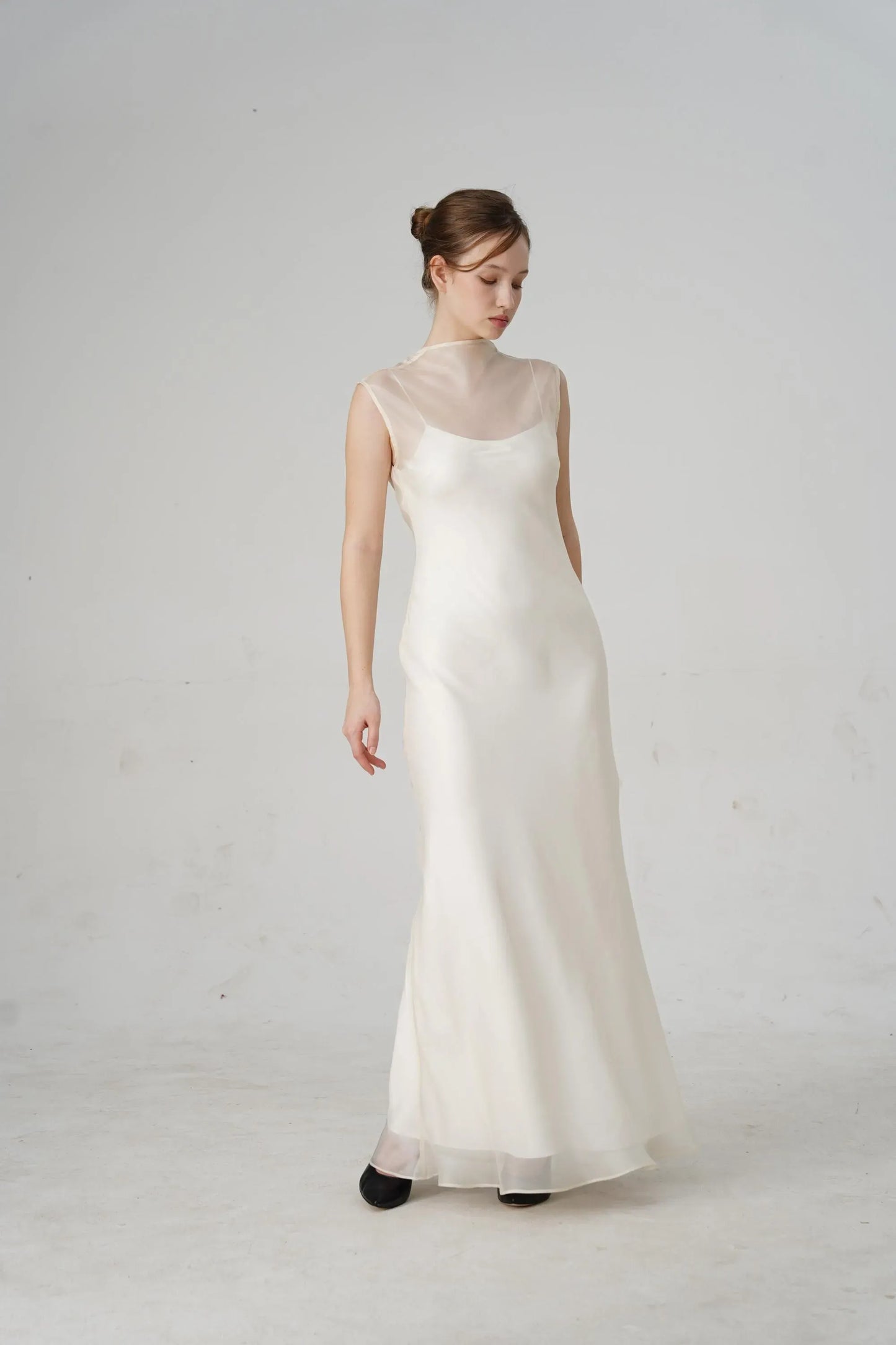 Minimalist Slip Mock Neck Sheer-Overlay Open-Back Ivory Floor-Length Prom Dress