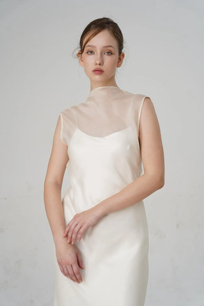 Minimalist Slip Mock Neck Sheer-Overlay Open-Back Ivory Floor-Length Prom Dress