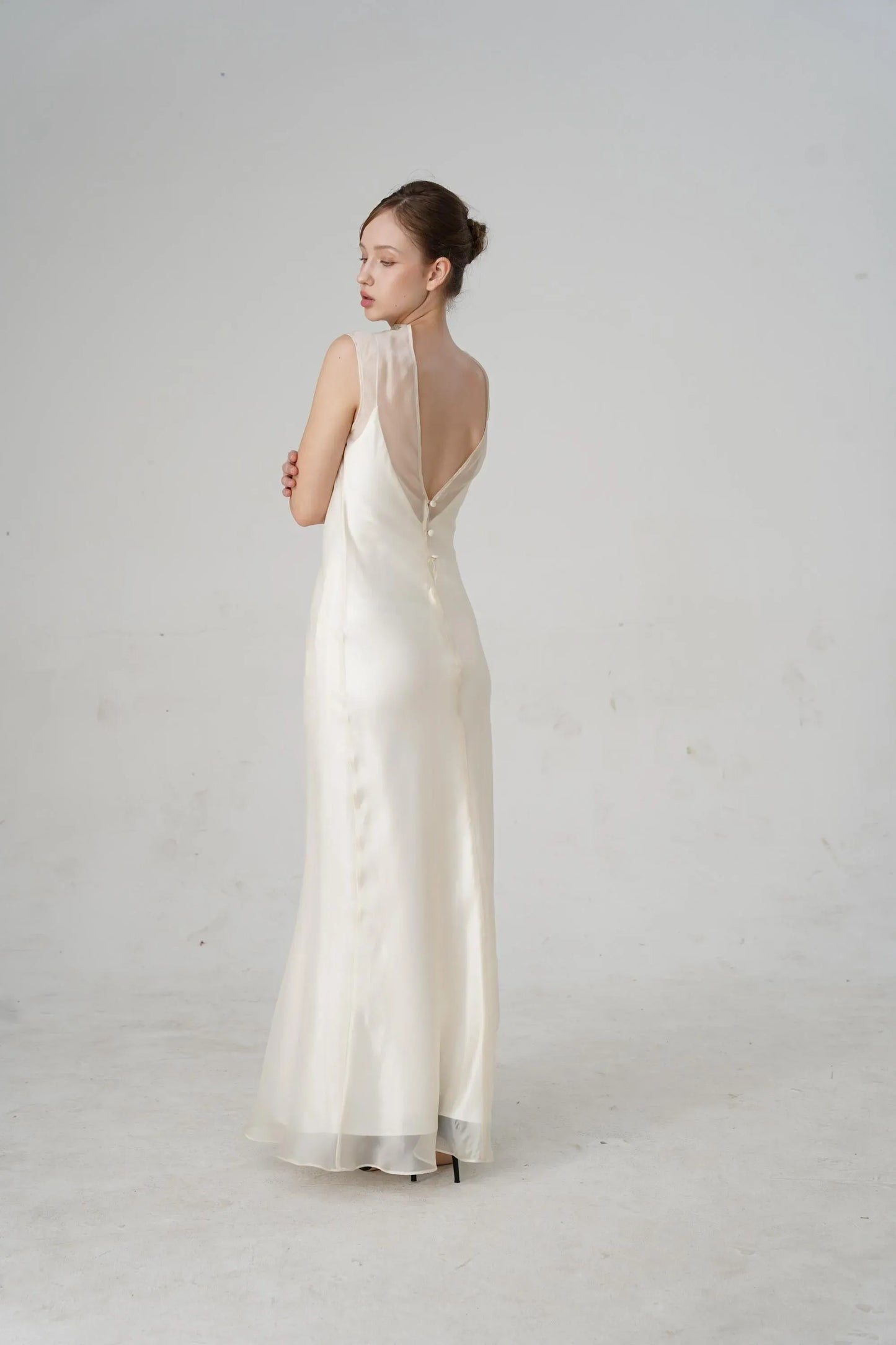 Minimalist Slip Mock Neck Sheer-Overlay Open-Back Ivory Floor-Length Prom Dress