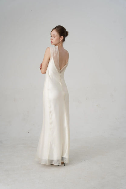 Minimalist Slip Mock Neck Sheer-Overlay Open-Back Ivory Floor-Length Prom Dress