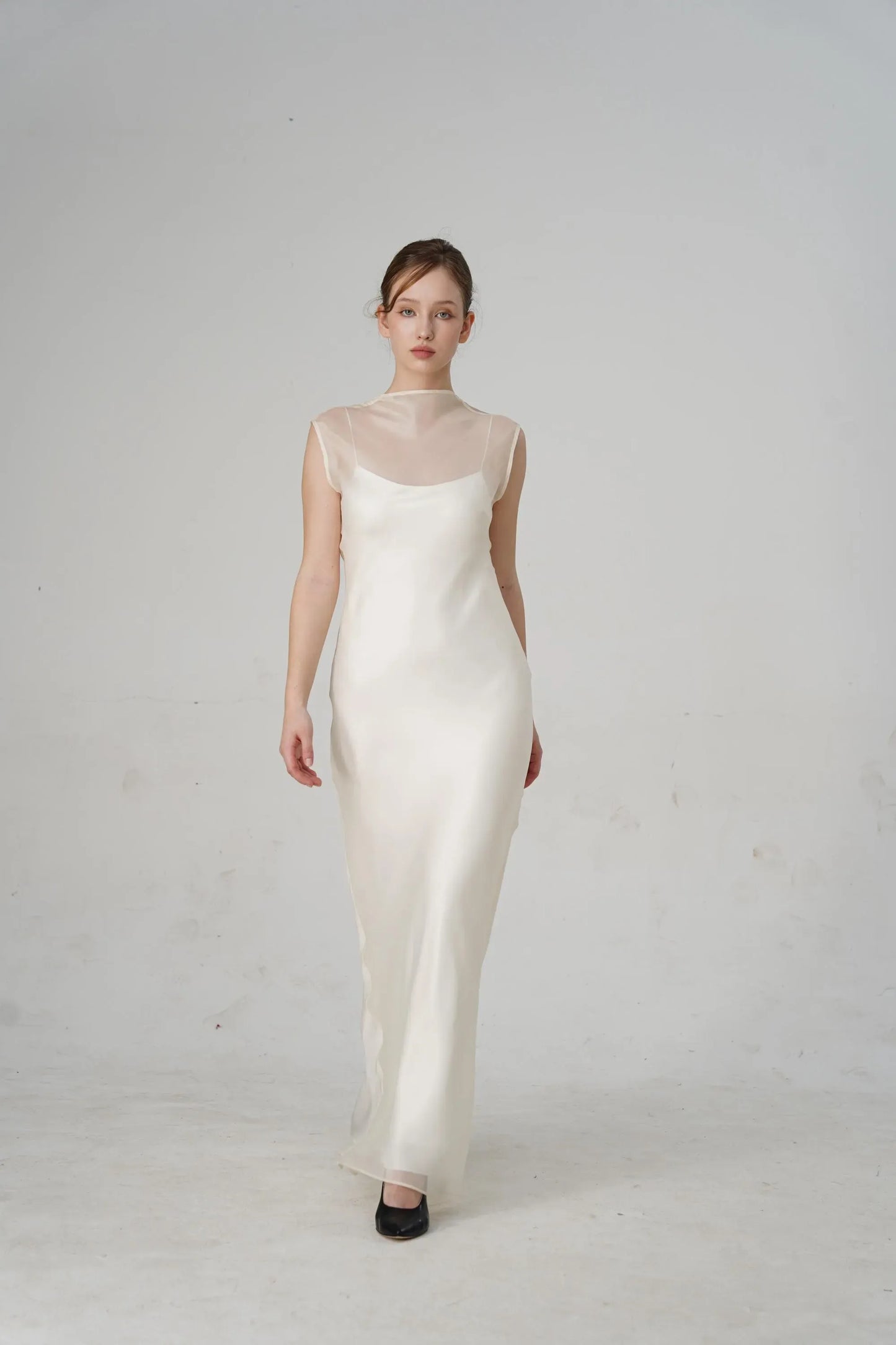 Minimalist Slip Mock Neck Sheer-Overlay Open-Back Ivory Floor-Length Prom Dress