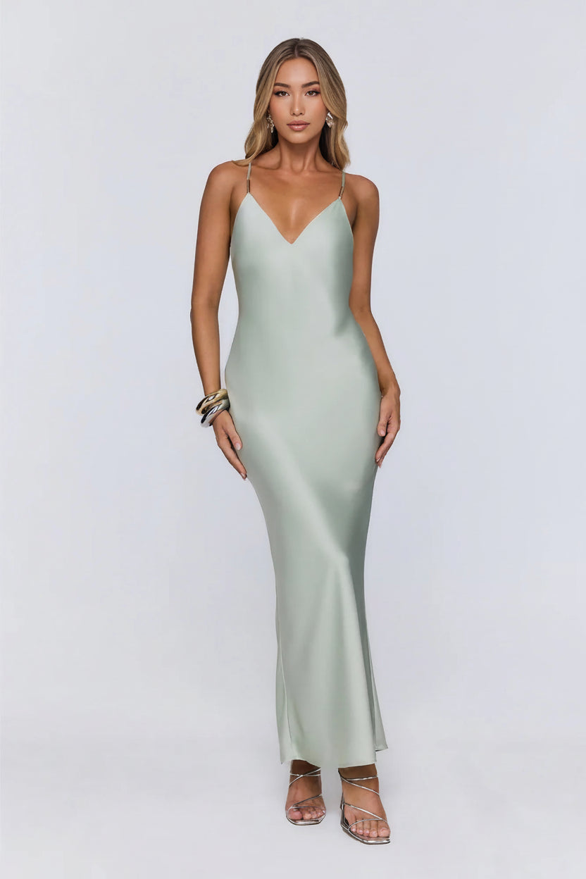 Minimalist Sheath V-Neck Spaghetti Straps Satin Mint Floor-Length Prom Dress