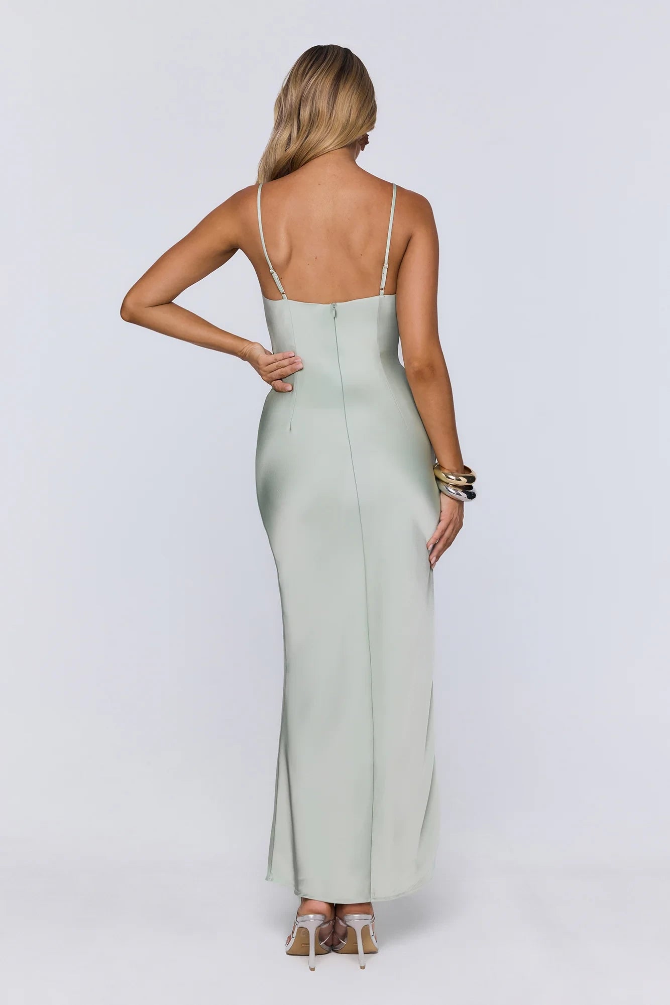 Minimalist Sheath V-Neck Spaghetti Straps Satin Mint Floor-Length Prom Dress