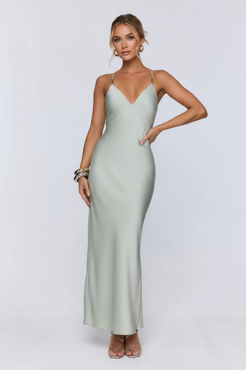 Minimalist Sheath V-Neck Spaghetti Straps Satin Mint Floor-Length Prom Dress