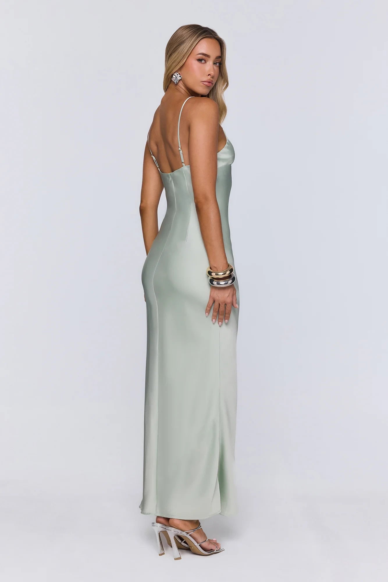 Minimalist Sheath V-Neck Spaghetti Straps Satin Mint Floor-Length Prom Dress
