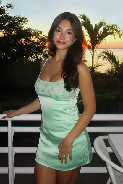 Mint Green Spaghetti Strap Embroidered Satin Bodycon Short Homecoming Dress