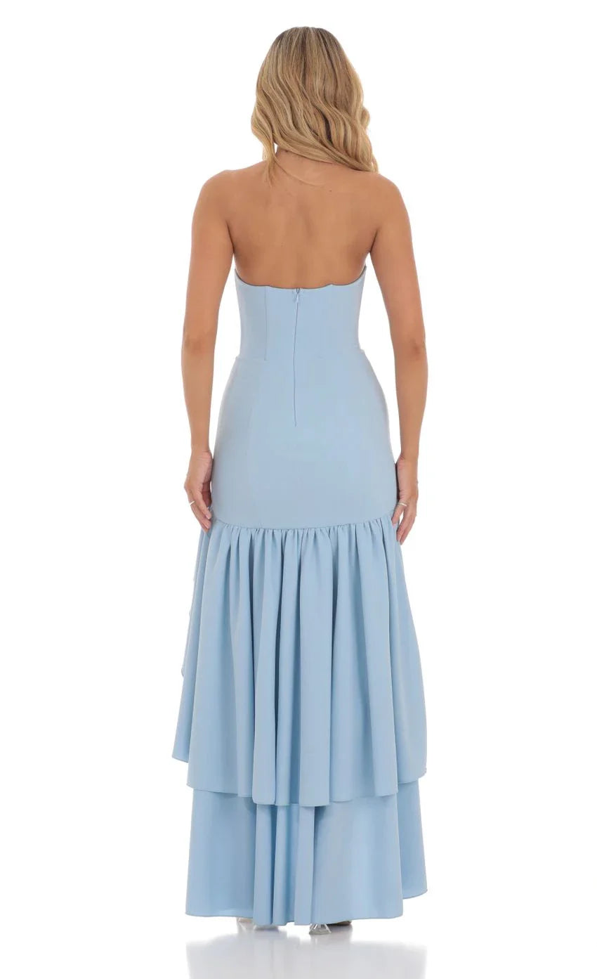 Modern Mermaid Strapless Sky-Blue Ruffled-High-Low Open-Back Prom Dresses
