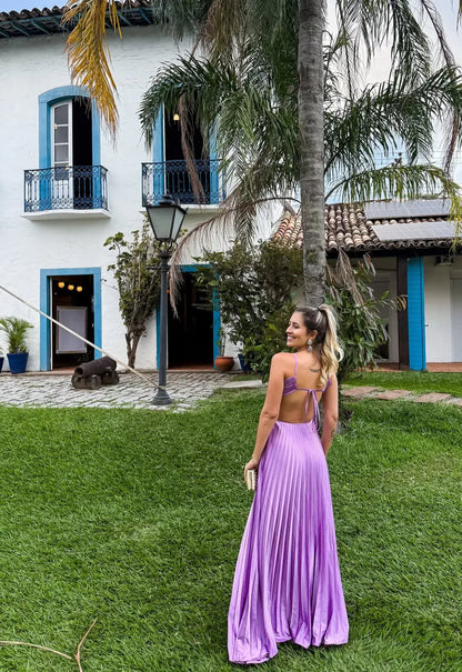 Modern A-Line Off Sleeves Sleeveless Pleated Satin Floor-Length Prom Dress