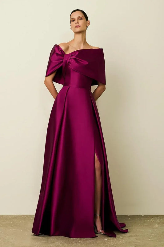 Modern A-Line Off the Shoulder Sleeveless Satin Split Floor-Length Prom Dress