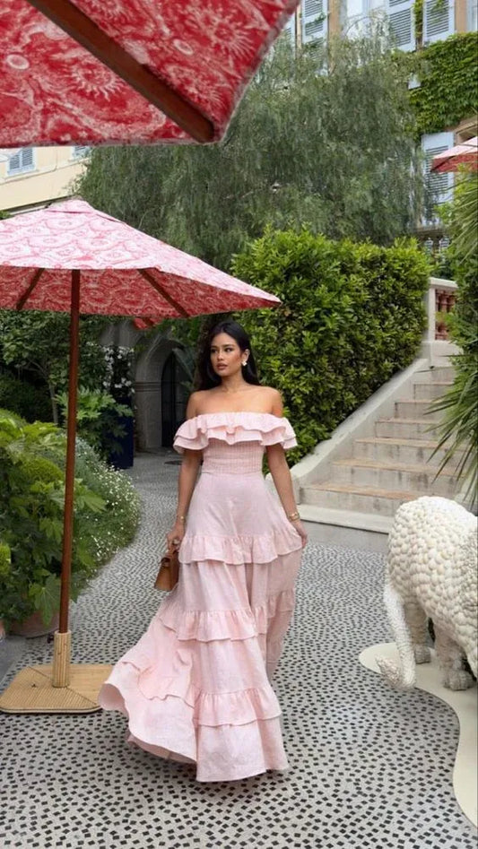 Modern A-Line Off the Shoulder Sleeveless Tiered Ruffled Floor-Length Evening Dress