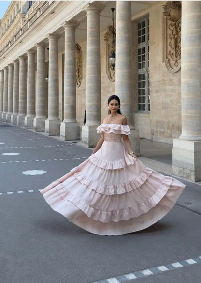Modern A-Line Off the Shoulder Sleeveless Tiered Ruffled Floor-Length Evening Dress