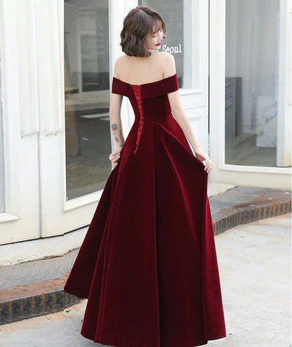 Modern A-Line Off the Shoulder Sleeveless Velvet Floor-Length Prom Dress