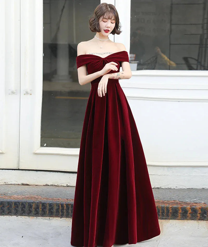 Modern A-Line Off the Shoulder Sleeveless Velvet Floor-Length Prom Dress