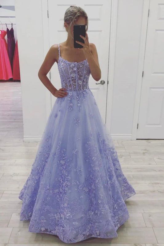 Modern A-Line Spaghetti Straps Sleeveless Lace Up Floor-Length Prom Dress